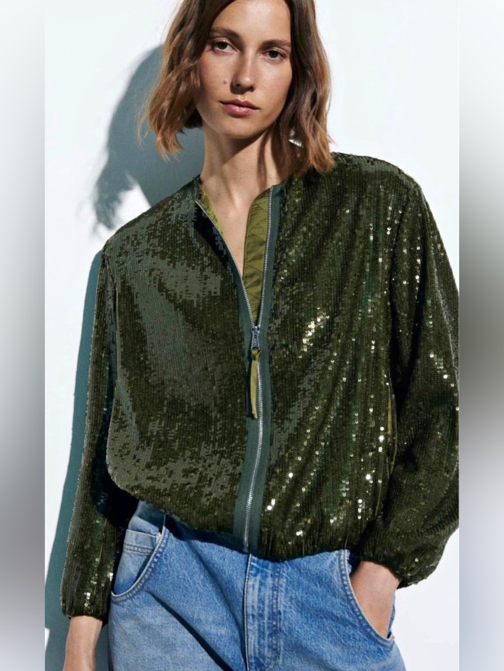 Zara Sequin Bomber Jacket
Emerald Green Small